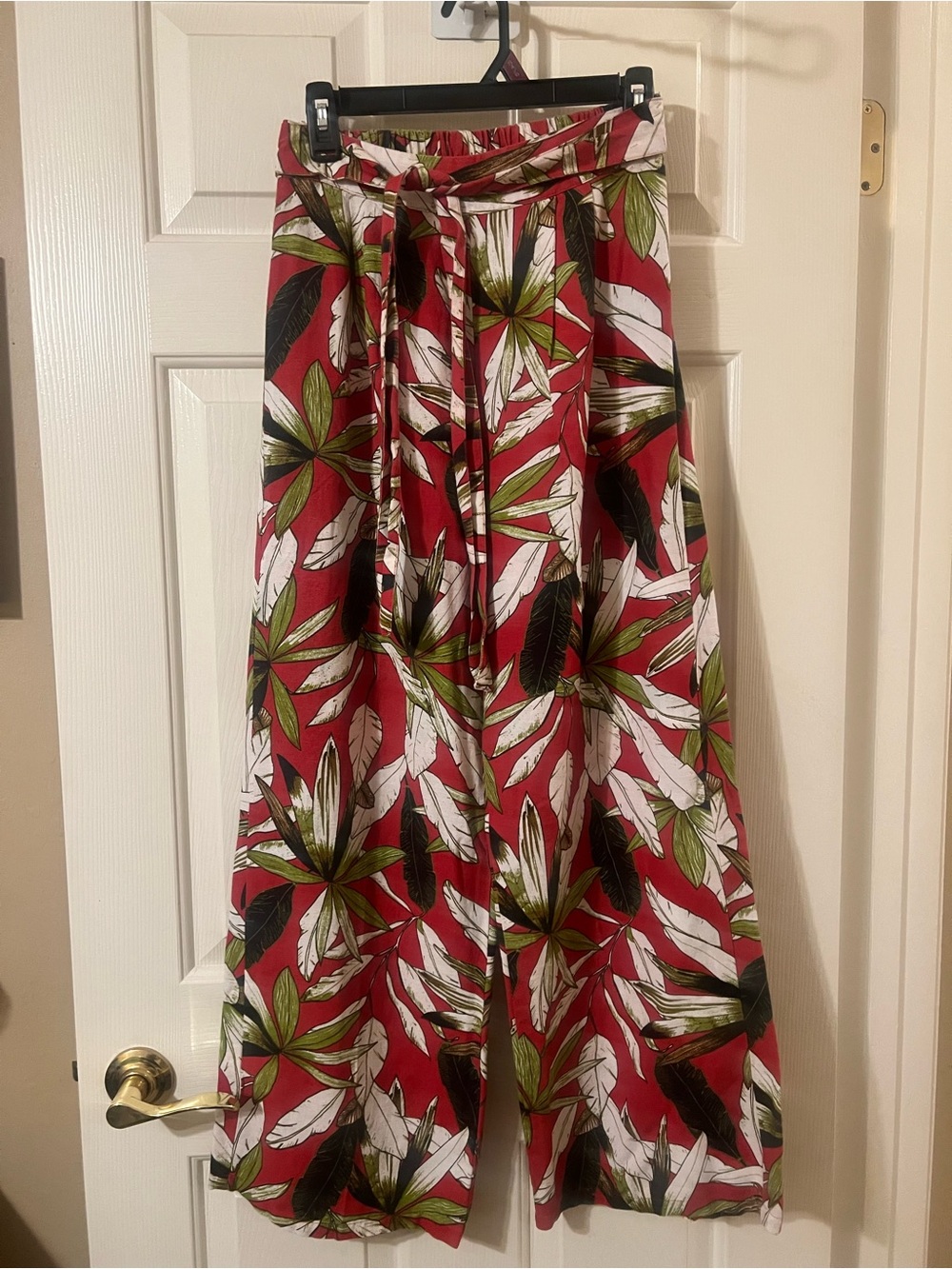 Tropical Red and Green Leaf Print Summer Linen Blend Wide Leg Pants Size S